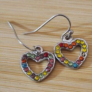Hand Crafted Earrings Rhinestone Hearts Pierced Red Pink Yellow